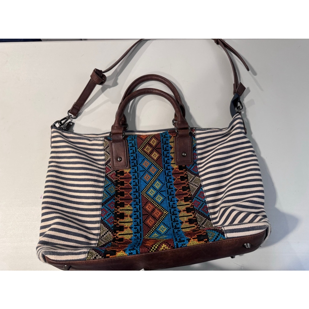 MMS Aztec Embroidered Blue & Brown Striped Tote Bag